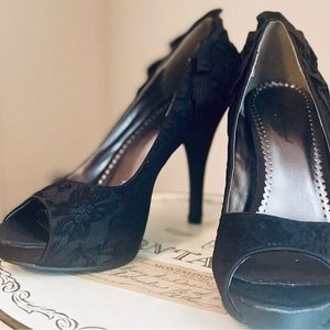 Lulu Townsend Gloria Black Satin Lace Ruffled Open Peep Toe Heels